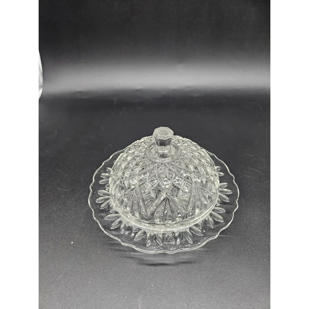 Round Covered Butter Dish by Anchor Hocking - Molded Glass - Prescut Pineapple